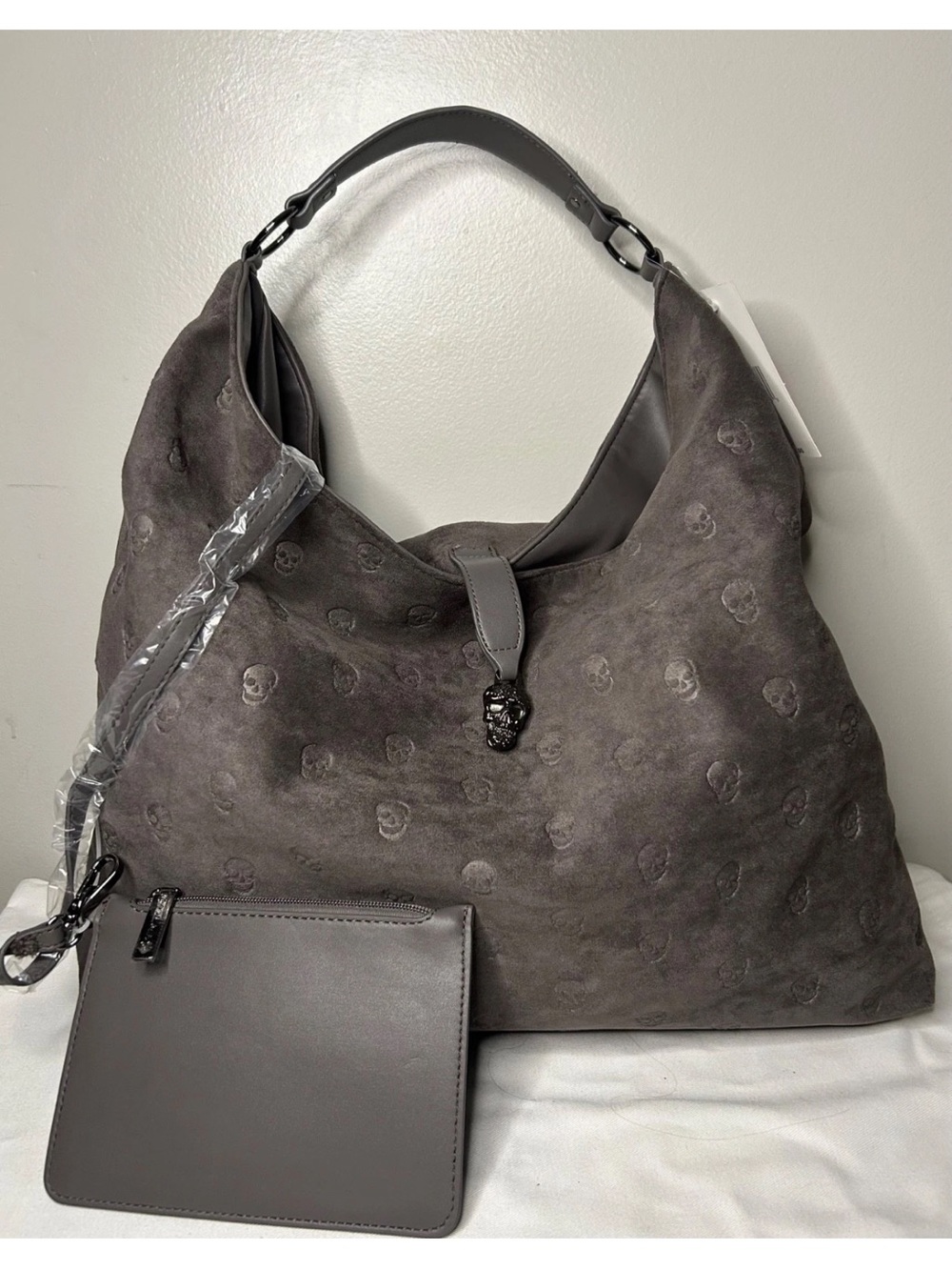 NEW! BETSEY JOHNSON XOTELLY Skull Embossed Faux Suede Large Hobo Bag Grey